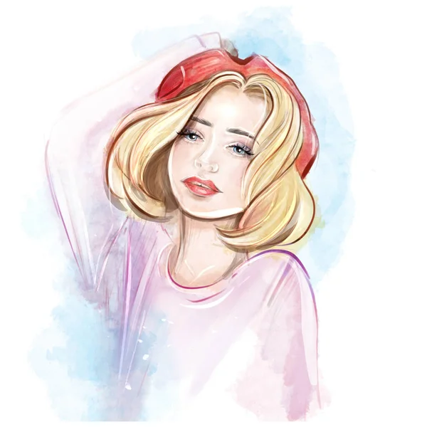 Aranyos Akvarell Illusztráció Gyönyörű Francia Lány Fiatal Álmodozó Képeslapra Meghívóra — Stock Fotó