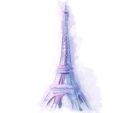 Eyfel Kulesi 'nin suluboya çizimi. Paris posteri, tebrik kartı, el yazısıyla çizilmiş el yazısı. Fransa 'nın ünlü sembolü beyaz arka planda izole.
