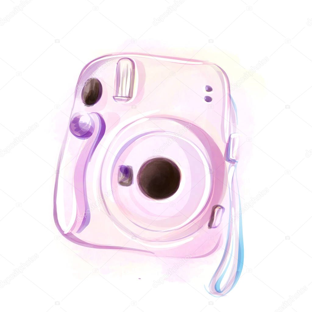 Hand drawn watercolour graphic New small instant camera drawing. Single object, square format, white color, top view. Symbol of modern culture, shutterbug, stylish hobby on white background, isolate.