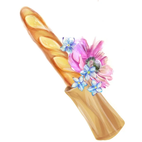 法式面包配水彩花烘焙早餐一袋的面包 手绘面包店产品说明 — 图库照片