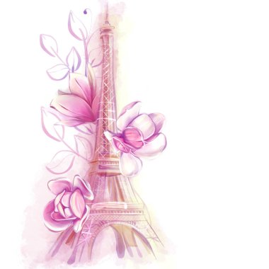 Eiffel banyo suluboya çizimi ve manolya çiçekleri. Bahar suluboya çizimi. Çiçekler ve Paris.