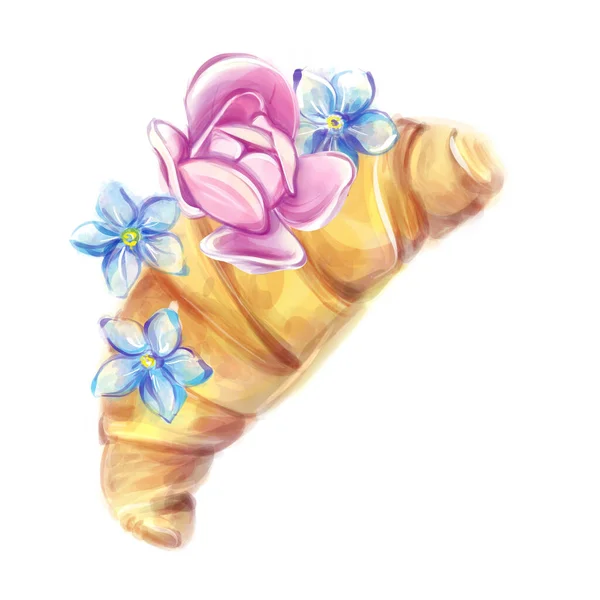 Watercolor Croissant Flowers Romantic Style French Breakfas Bakery Clipart — Stock Photo, Image