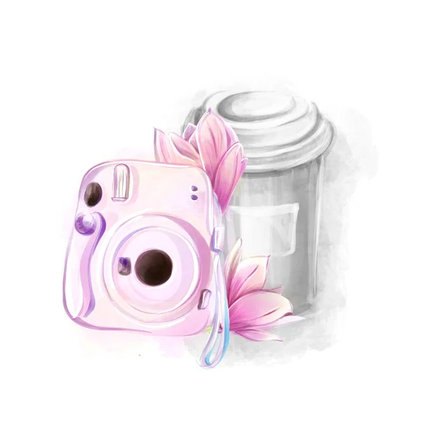 Akvarel Ilustrace Instantní Fotoaparát Papírový Šálek Kávy Magnólie Jarní Květiny — Stock fotografie