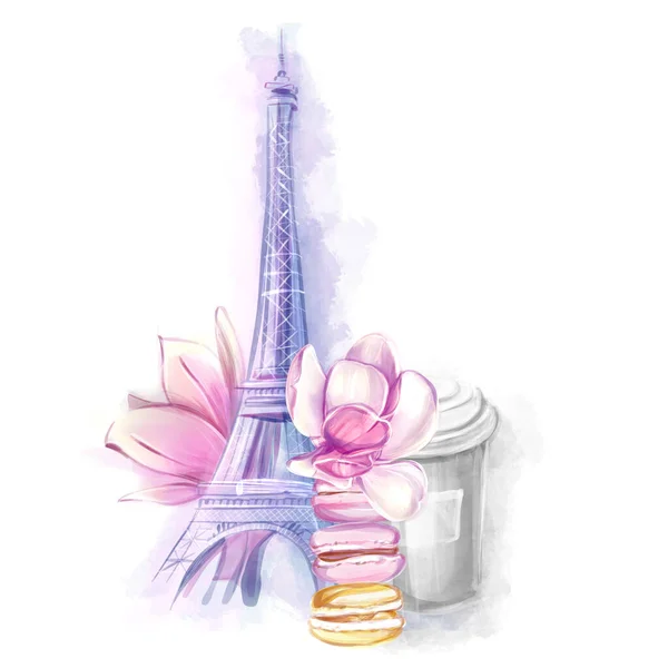 Eiffelova Věž Magnóliemi Jarní Kliparty Káva Makarony Snídaně Francouzská Turistika — Stock fotografie