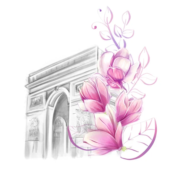 Arc Triomphe Párizsban Tavasszal Romantikus Stílusban Magnóliák Akvarell Turizmus Látnivalók — Stock Fotó