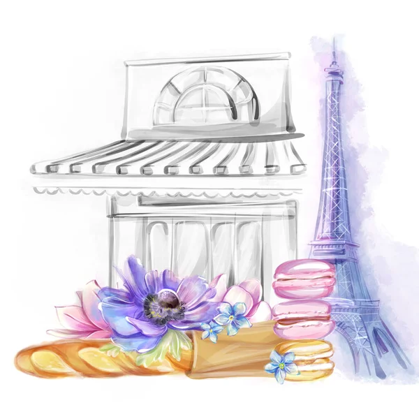 フランスのパン屋 ペストリーショップ マカロン パリのカフェ 水彩イラスト チラシ ウェブサイト バナー ポストカード 招待状のデザインのためのロゴ — ストック写真