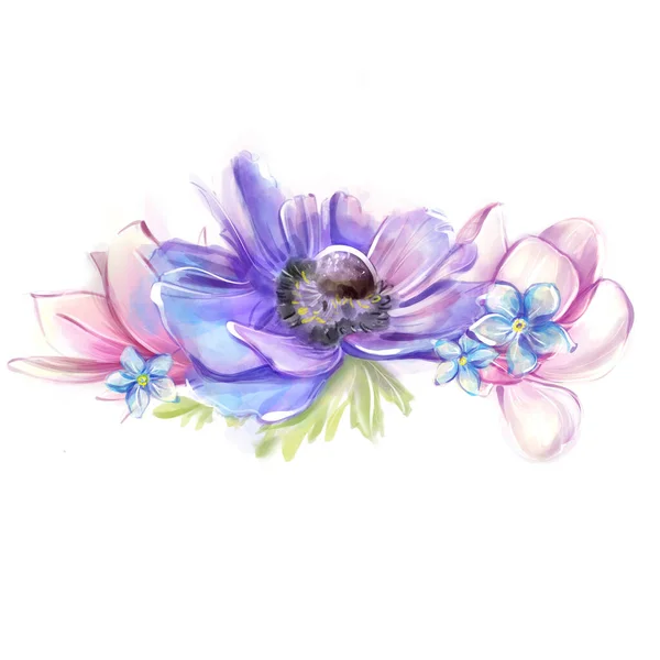 Anemone Felejts Magnóliák Akvarell Határa Virágminta Tavaszi Virágok Dekoráció — Stock Fotó