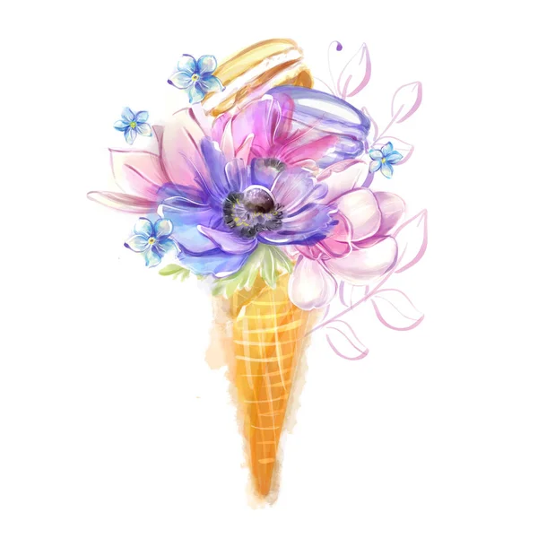 Ice Cream Cone Spring Flowers Macaroons Watercolor Style French Romance — Stock Photo, Image