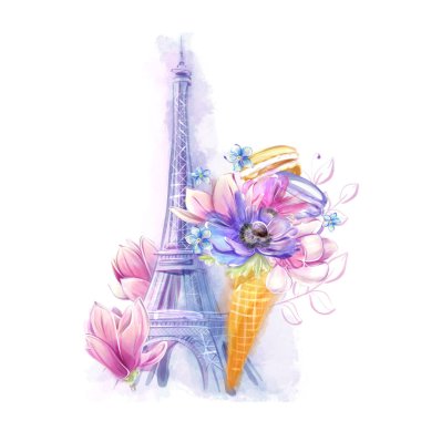 Eyfel Kulesi ve manolyalı bahar suluboya resimleri. Poster, kartpostal, davetiye, pankart için ideal. Fransız romantizmi, Clipart.