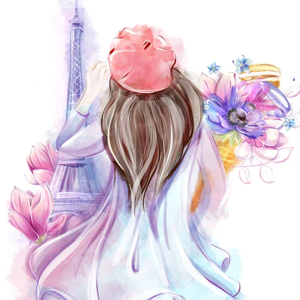 エッフェル塔の前に春の花の花束を持つ女の子 パリのロマンス クリッパリ ポスター ポストカード バナーのデザインを作成する — ストック写真