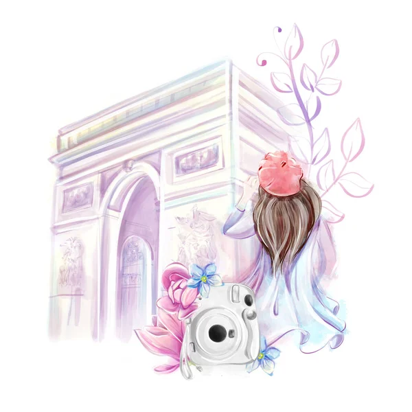 水彩画のイラストへの旅行 フランスの観光スポット 凱旋門 赤いベレー帽の女の子と春の花とインスタントカメラ ロマンチックなスケッチ — ストック写真