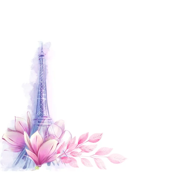 Ватерколірна Ілюстрація Ейфелевої Вежі Магнолії Весняний Дизайн Романтичний Стиль Кордону — стокове фото