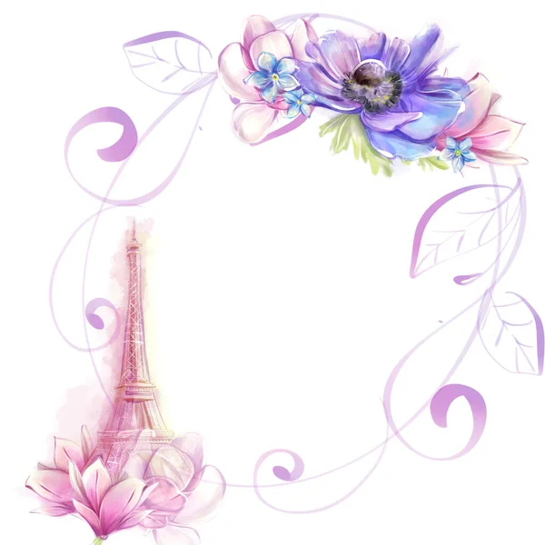 Moldura Redonda Aquarela Com Torre Eiffel Flores Primavera Magnólias Projeto — Fotografia de Stock