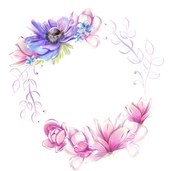 Квіткова Кругла Рамка Анемонами Магнолії Французька Романтика Каліка Рожеві Сині — стокове фото