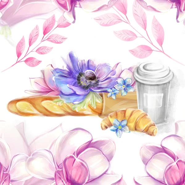 法国糕点的无缝图案 以木兰花为背景 水彩画风格 浪漫的花纹纺织 包装纸理想 — 图库照片