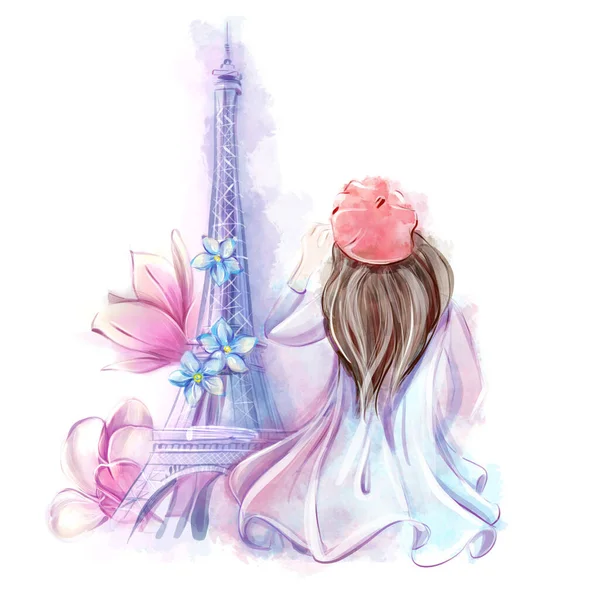 Mooi Meisje Achtergrond Van Eiffeltoren Met Magnolia Lenteclipart Frans Toerisme — Stockfoto