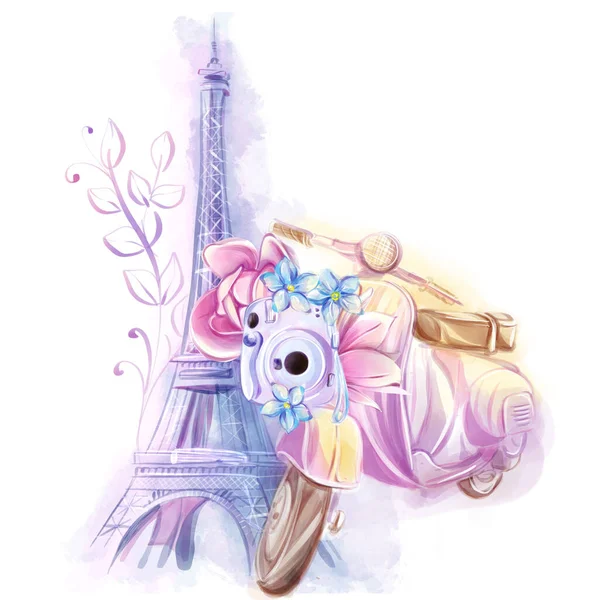 Eiffel Torony Magnóliákkal Tavaszi Előfizetéssel Romantikus Vintage Robogó Francia Turizmus — Stock Fotó