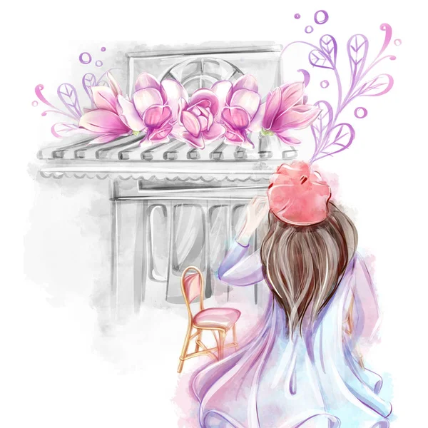 Akvarel Ilustrace Dívky Červeném Baretu Pozadí Pařížského Obchodu Kavárny Pekárny — Stock fotografie