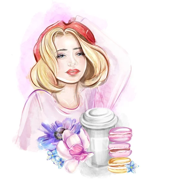 Akvarell Illusztráció Egy Szőke Nőről Piros Svájcisapkában Kávéval Macaronnal Francia — Stock Fotó