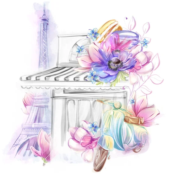Romantikus Akvarell Illusztráció Párizsi Kávézó Virágüzlet Eiffel Torony Hátterében Egy — Stock Fotó