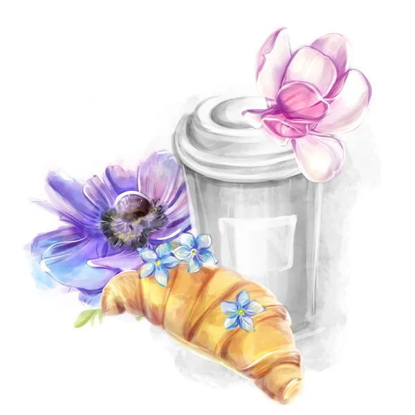 Paper Cup Coffee Croissant Watercolor Style Magnolias Anemone French Breakfast — Stock Photo, Image