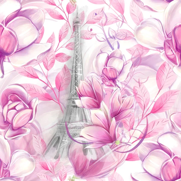 Kusursuz Desenli Manolya Suluboya Tarzda Eyfel Kulesi Romantik Fransız Çiçeği — Stok fotoğraf