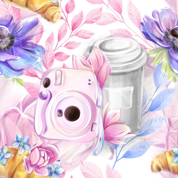 无缝图案即时相机和咖啡在水彩画风格 去法国旅行 浪漫的木兰花花纹 包装纸理想 — 图库照片