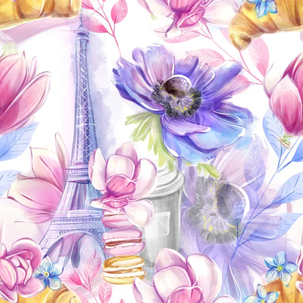 Seamless pattern eiffel tower, paris and spring flowers in a watercolor style. Travel to France. Romantic floral pattern of magnolias. Ideal for textile, industrial, scrap, packaging paper.