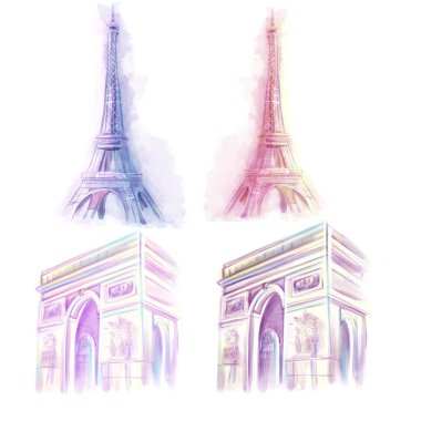 Suluboya çizimi. Paris 'in manzarası ve mimarisi. Eyfel Kulesi ve Zafer Yayı romantik tarzda, çizim seti, klişe.