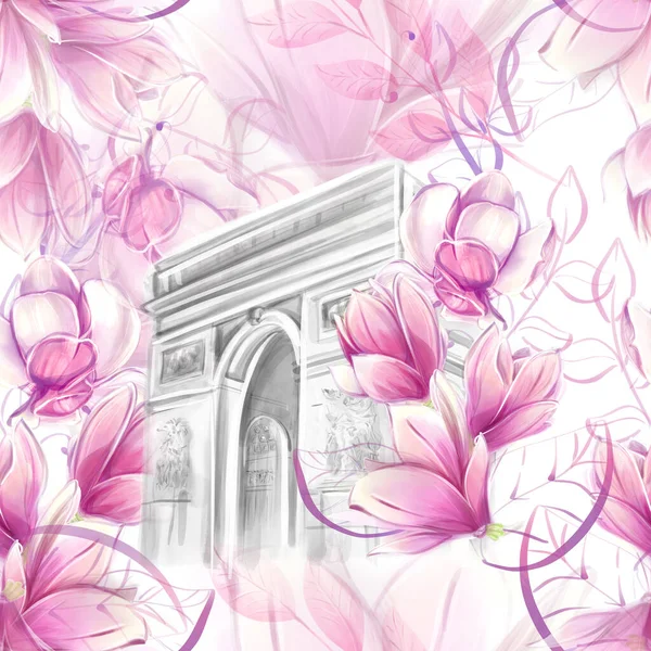 Bezešvé Vzory Magnóliemi Francouzskou Architekturou Památky Romantický Květinový Jarní Vzor — Stock fotografie