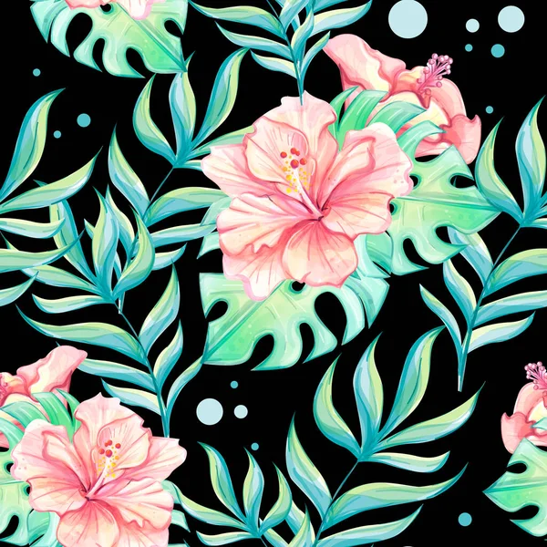 Seamless watercolor tropical pattern with flower and tropical leaves from black background