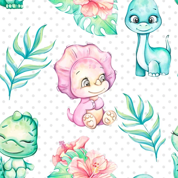 Seamless watercolor pattern cartoon cute baby dinosaur with tropical leaves. Clipart for decor, stickers, prints with historical animals