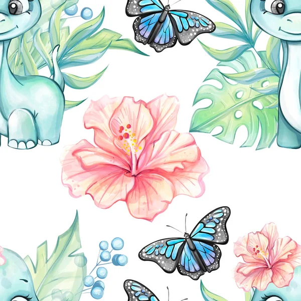 Seamless watercolor pattern cartoon cute baby dinosaur with tropical leaves, flowers and butterfly. Clipart for decor, stickers, prints with historical animals