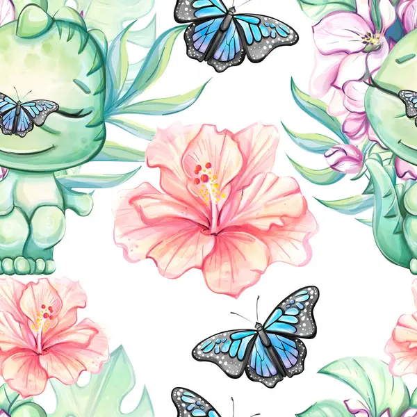 Seamless watercolor pattern cartoon cute baby dinosaur with tropical leaves, flowers and butterfly. Clipart for decor, stickers, prints with wild animals