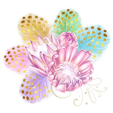 Suluboya pembe protea ve renkli tüyler. Yumuşak ve tüylü kuş tüyü. Çiçekli tropik buket.