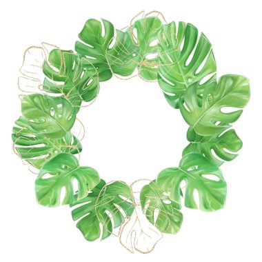 Tropikal canavar yapraklarından yapılmış yuvarlak çerçeve. Lüks tasarım. Davetler için şablon, dekor.