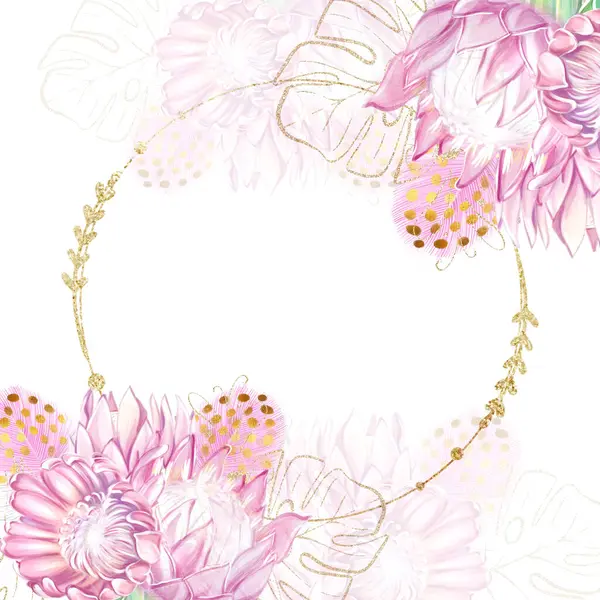Akvarell Kerek Keret Rózsaszín Trópusi Protea Virágok Finom Romantikus Design Stock Kép