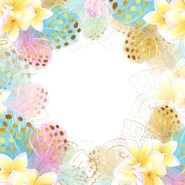 Négyzet Alakú Keret Trópusi Frangipánia Virágok Színes Tollak Sablon Tervezéshez Stock Kép