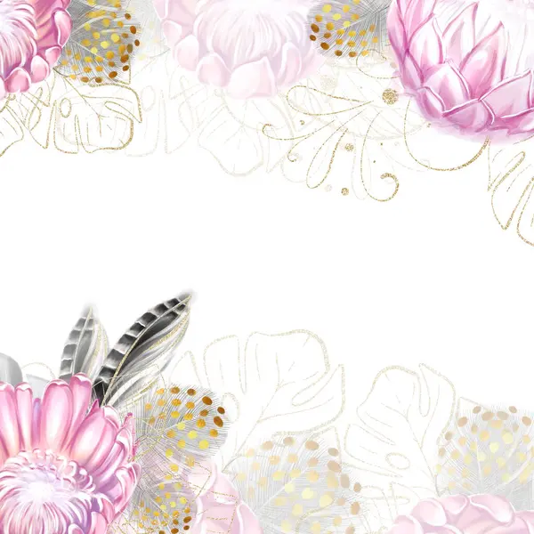 Négyzet Alakú Keret Rózsaszín Protea Trópusi Virágok Mintázata Egzotikus Luxus Stock Kép
