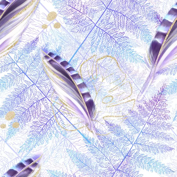 Varrat Nélküli Lila Erdei Minta Fácán Tollakkal Páfránylevelekkel Akvarell Rajz Stock Kép