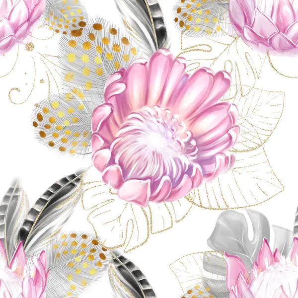 Zökkenőmentes Trópusi Minta Rózsaszín Proteavirágokkal Tollakkal Arany Szörnylevelekkel Romantikus Luxus Stock Kép