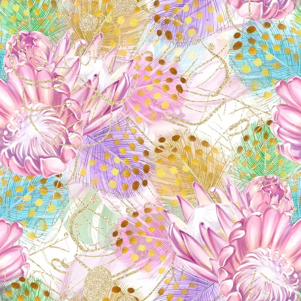 Zökkenőmentes Akvarell Minta Trópusi Rózsaszín Proteavirágokkal Színes Tollakkal Arany Szörnylevelekkel Stock Fotó