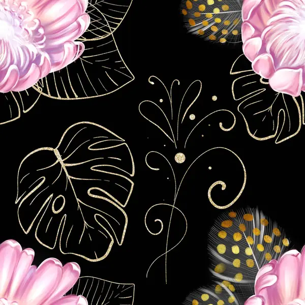 Zökkenőmentes Akvarell Minta Trópusi Rózsaszín Protea Virágok Fekete Tollak Arany Jogdíjmentes Stock Fotók