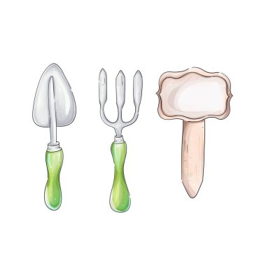 Suluboya romantik bahçe aletleri seti tırmanma, bahçıvan envanteri. Tasarım için bahar çizimi.