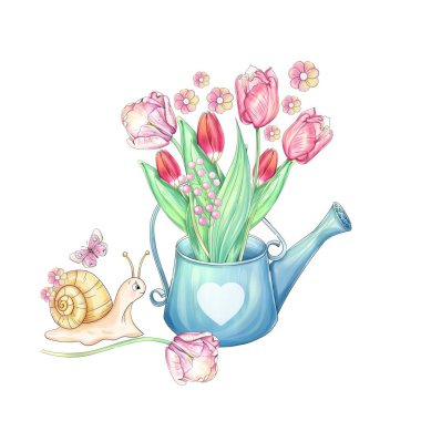 Suluboya romantik illüstrasyon, sulama tenekesi ve laleler. Anneler Günü için güzel sanat eserleri. İlkbahar klibi. Yazdırma, tebrik kartı, kumaş, kartpostal, çıkartma, poster, paketleme için