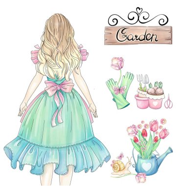 Bahçe aletleri ve laleleri olan romantik bir çiçekçi kız. Kızlar tekrar yay takıyor. Çiftçi kadın. Davetiye, düğün, baskı, tekstil, tebrik kartı için tasarım ögesi