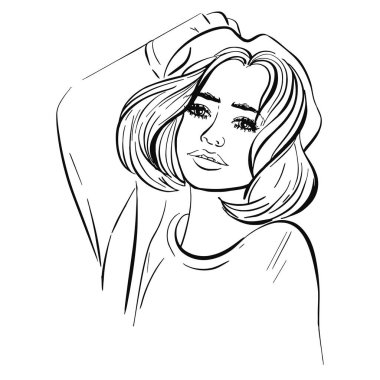 Şirin vektör çizimi. Güzel Fransız kızı. Genç hayalperest kadın. Kartpostal, davetiye, poster, kapak için. Devre için siyah siluet