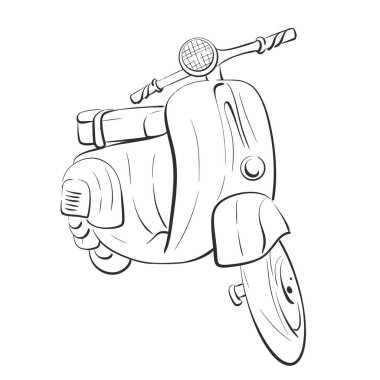 Vektör el boyalı scooter çizimi. Romantik tarzda klasik bir motosiklet. Paris seyahati aşk tatili. Devre için siyah siluet