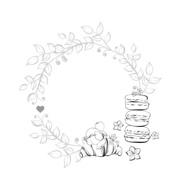 Vektör dairesi çerçeveli Fransız kruvasanı ve badem kurabiyesi. Fransız hamur tatlısı. Paris Kafe Fırını, el yapımı illüstrasyon. Devre için siyah siluet. Kartpostalların, menülerin, paketlerin tasarımı