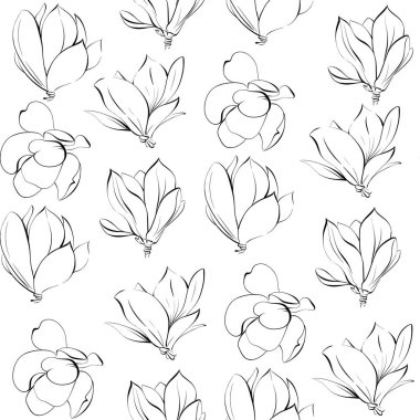 Magnolia 'nın kusursuz desenli çiçeği. Çiçek açan grafikler. Paris baharı. El çizimi çizgi, devre için siyah siluet, baskı, kumaş